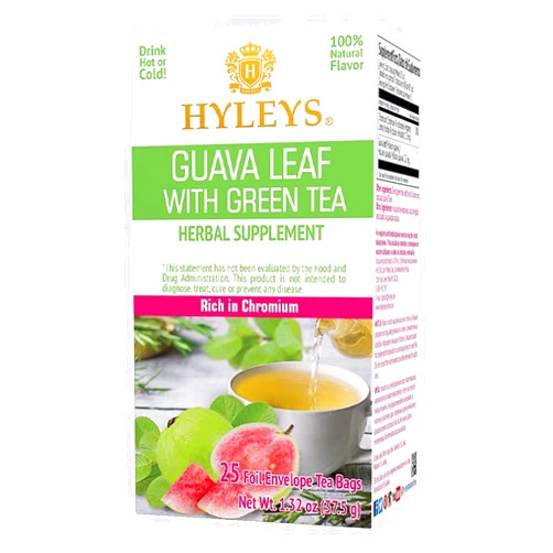 Hyleys Guava Leaf and Green Tea Blend - Natural Guava Flavor - 25 Tea Bags with Chromium, Licorice Root