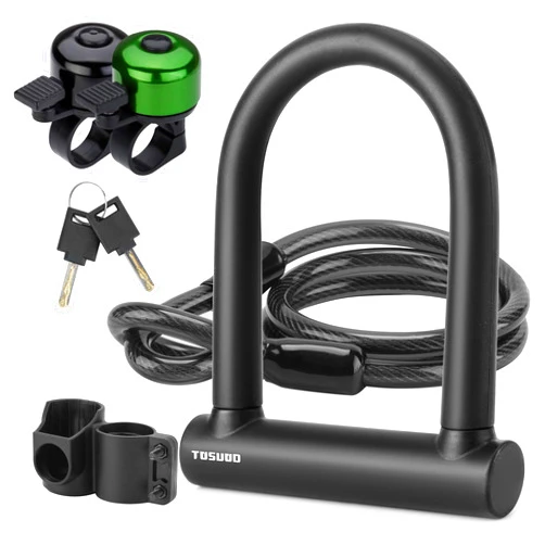 TOSUOD Oversized Bike U Lock Set Heavy Duty Anti Theft Bike Locks with 4FT Steel Cable Bicycle U Lock with Keys Bells and Sturdy Mounting Bracket for E-Bike MTB Road Bike City Gravel Bike