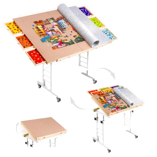 Tektalk 2000 Piece Foldable Jigsaw Puzzle Table with Angle & Height Adjustment, Jigsaw Board with 2 Felt Cover & 8 Sorting Drawers, Puzzle Easel with Legs, Enclosed with 4 Roller Wheels (White)