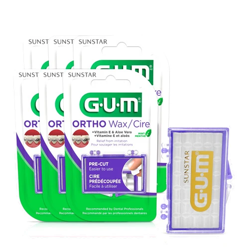 GUM Orthodontic Wax for Braces and Dental Devices - Soothing Dental Wax with Vitamin E and Aloe Vera - Clear Color and Refreshing Mint Flavor (6pk)