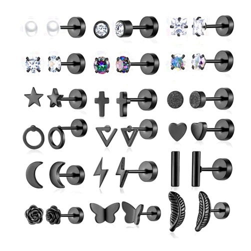 Gabry&jwl 18 Pairs Samll Stud Earrings for Women Men 316L Surgical Stainless Steel Hypoallergenic Flatback Earrings Cubic Zirconia Earring Studs for Gilr,Black Silver Gold 20G Earrings for Cartilage Tragus Helix Lobe Conch Piercing Jewelry