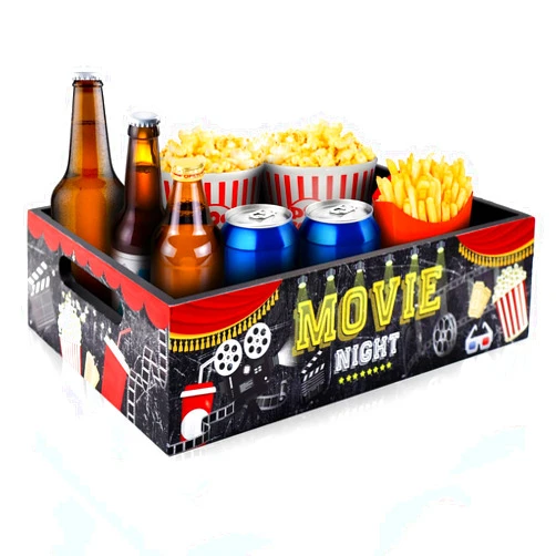Yamahiko Movie Night Snack Tray with Handles, Reusable Movie Night Snack Trays Basket Box Organizer Supplies for Countertop Storage, Wooden Movie Theater Theme Snack Basket Tray(Classic Movie Night)