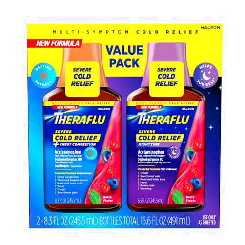 Theraflu Severe Cold and Cough Nighttime and Daytime Cough and Cold Medicine, Berry Flavor - 8.3 Fl Oz Syrup x 2