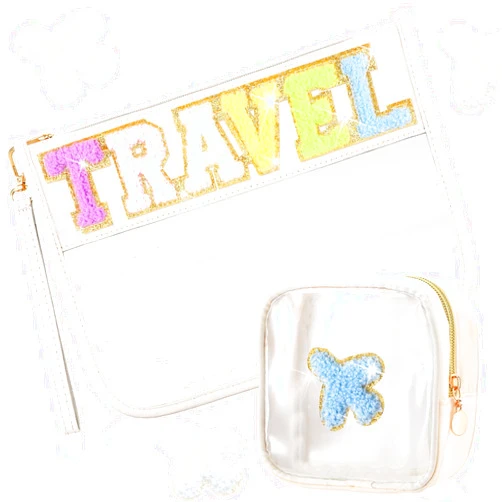 Hillban 2 Pcs Clear Travel Bags Chenille Letter Makeup Cosmetic Toiletry Bags Weekend Gifts Preppy Patch Zipper Pouch for Travel Waterproof Flat Portable Storage Purse for Women