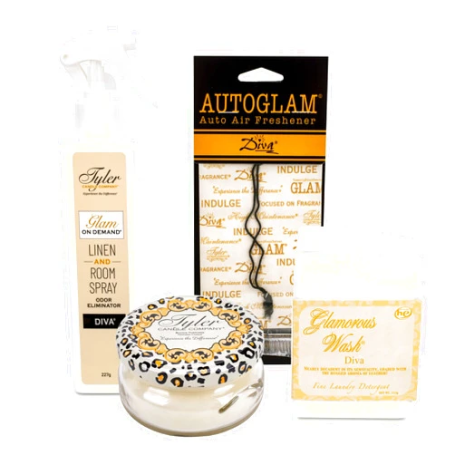 TYLER CANDLE COMPANY Diva Glamorous Gift Suite VI - (On Demand Room Spary, Glamorous Wash, Jar Candle, Autoglam)