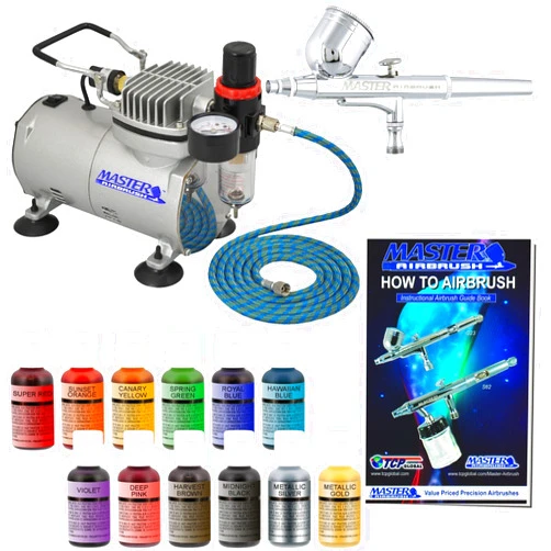 Master Airbrush Cake Decorating Airbrushing System Kit with a Gravity Feed Airbrush, Set of 12 Chefmaster Food Colors, Pro Cool Runner II Dual Fan Air Compressor - Hose, Holder, How To Guide, Cupcakes