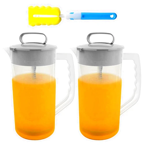 YEXEXINM 2 Pack Mixing Pitcher for Drink, 2 Quart/ 64oz Plastic Water Pitcher with Lid and Clean Sponge Brush, Angled Plastic Blades and Adjustable Mixer Plunger for Juice, Milk, Beverage Container