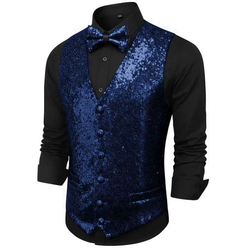 TiepTeer Sequin Vest for Men Slim Fit V Neck Sparkly Waistcoat Bowtie Set Wedding Prom Party Tuxedo Vests