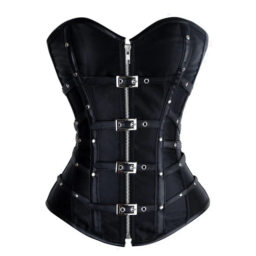 Charmian Women's Gothic Punk Satin Boned Zipper Overbust Corset Top with Buckles