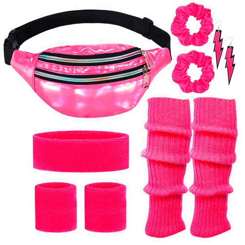 PLANTURECO 80s Neon Workout Costume Accessories Set 10 PCS Leg Warmers for Women 80s Headband Wristband Fanny Pack for Yoga