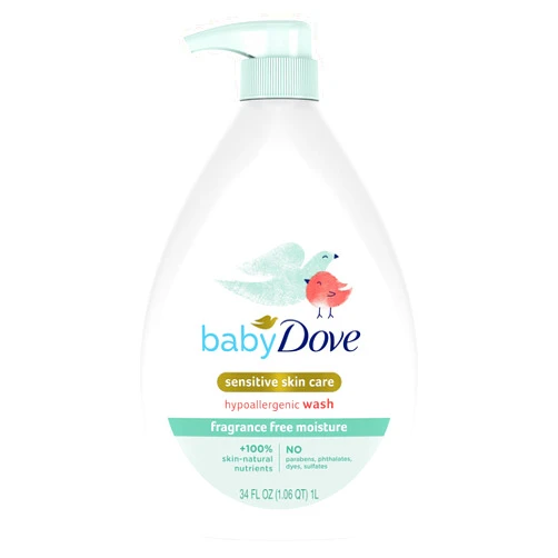 Baby Dove Sensitive Skin Care Baby Wash Fragrance Free Moisture For Baby Bath Time Fragrance Free and Hypoallergenic, Washes Away Bacteria 34 oz