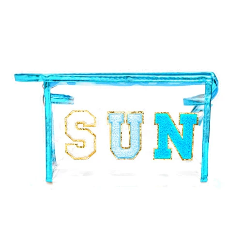 Y1tvei Preppy Patch Varsity Letter Cosmetic Toiletry Bag Transparent PVC Zipper Makeup Bag