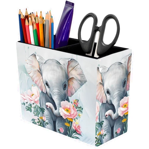 VSHSEEOM Little Elephant Flower Pencil Holder for Desk, PU Leather Multifunctional Mobile Pen Holder Desktop Organizer Makeup Brush Holder for Classroom, Office and Home