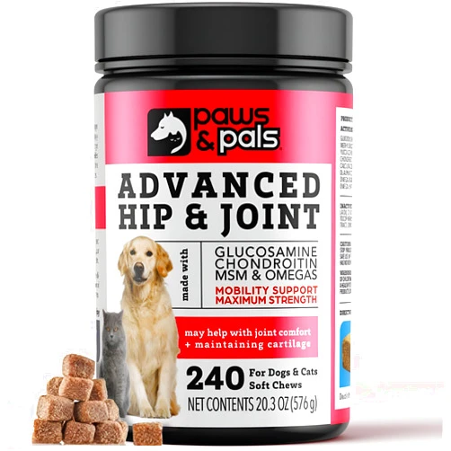 Paws & Pals Glucosamine Chondroitin MSM for dogs 240 Count, Hip and Joint Mobility Soft Chews Supplement, Pain & Inflammation Relief for all breeds - Maximum Strength, Treats Hip Dysplasia & Arthritis