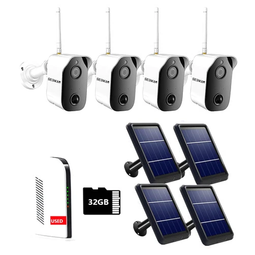 Sebikam Wireless Security Camera System,Battery Powered Camera,4 Solar Panel Charging,PIR Motion Detection,Two Way Video,Day and Night Vision,IP65 Waterproof,Pre-Installed 32G Card（Used）