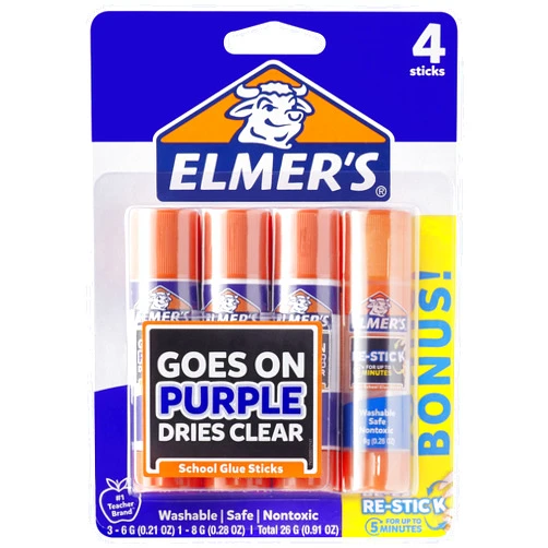 Elmer's Elmer’s Disappearing Purple Glue Sticks with Bonus Re-Stick Glue Stick, 3 + 1 Pack