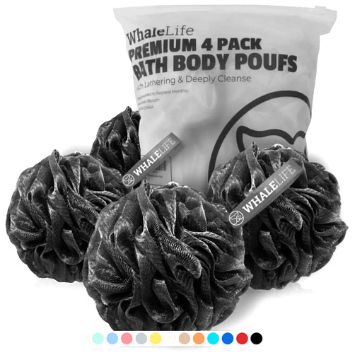 WhaleLife Shower Puff 4 Pack Black Bath Sponge Shower Loofahs Pouf Ball Nature Bamboo Charcoal Mesh Bulk Puffs Large, Shower Essential Skin Care by WhaleLife