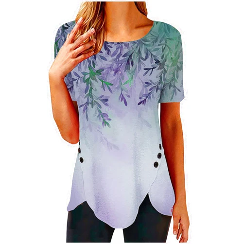 Generic Cute Summer Tops for Women Floral Graphic Print Shirts Irregular Hem Buttons Tunic Blouse Dressy Round Neck Tee