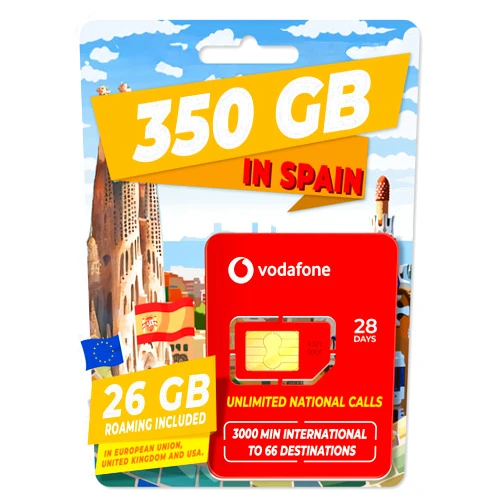 Tour Tech Vodafone Spain XL Prepaid SIM Card 350GB and 26GB in The Rest of Europe, UK, Turkey | 1600 Minutes to The US, Canada and to 66 Other Countries | Activation only at www tourtech .Shop
