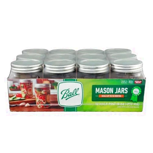 Ball Regular Mouth Mason Jars 8 oz. (12 Pack) - Half Pint Size Jars with Airtight Lids and Bands for Canning, Fermenting, Pickling, Meal Prep or DIY Decors