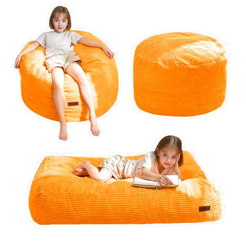 MAXYOYO Bean Bag Chair Bed for Kids, Convertible Bean Bag Folds from Lazy Chair to Floor Mattress Bed, Machine Washable Corded Fabric, Stuffed Floor Sofa Couch for Boys and Girls, Orange