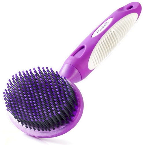 POODLIE Round Bristle Pet Brush for Dogs and Cats - Soft Dog Brush for Grooming Short or Long Hair - Gentle Tool for Sensitive Skin Removes Dander, Dirt, and Detangles - Purple