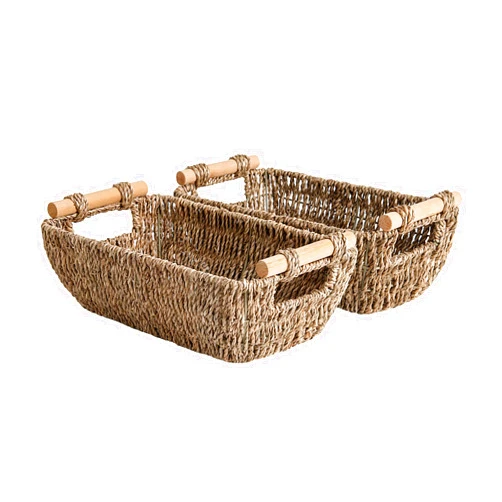 StorageWorks Small Wicker Baskets, Handwoven Baskets for Storage, Seagrass Rattan Baskets with Wooden Handles, 2-Pack