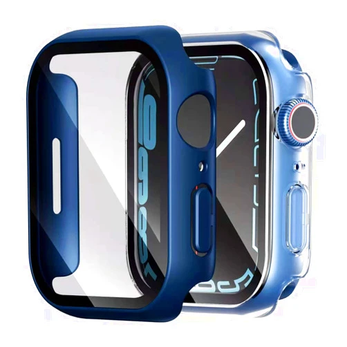 Wumigoo 2 Pack Hard PC Case Compatible for Apple Watch Series 9 8 7 45mm with Tempered Glass Screen Protector, Touch Sensitive Slim HD Bumper Full Protective Cover for iWatch 45mm, Clear/Navy Blue