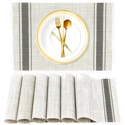 DECKALY Placemats Set of 6 Heat Resistant Woven Place Mats for Kitchen Table Indoor/Outdoor Woven Vinyl Washable PlaceMat Wipeable Dining Table Mats (Set of 6, Black & Beige)