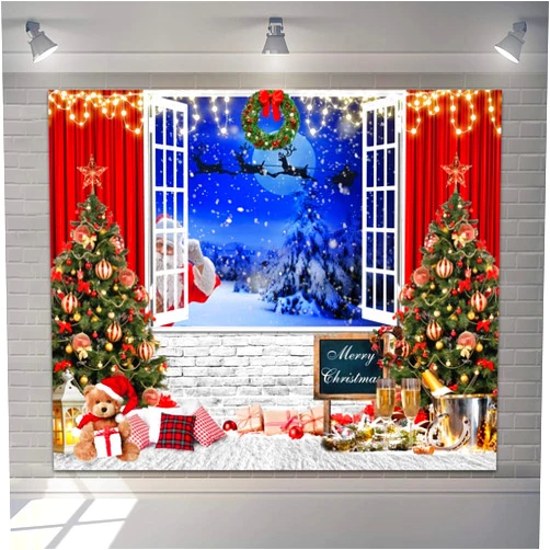 Hraiufc Winter Christmas Backdrop for Photoshoot 7x5ft Window Xmas Tree Gifts Merry Christmas Photo Backdrop Snow Forest Elk Santa Moon Night Photography Backdrop Xmas Party Holiday Decor Background Props