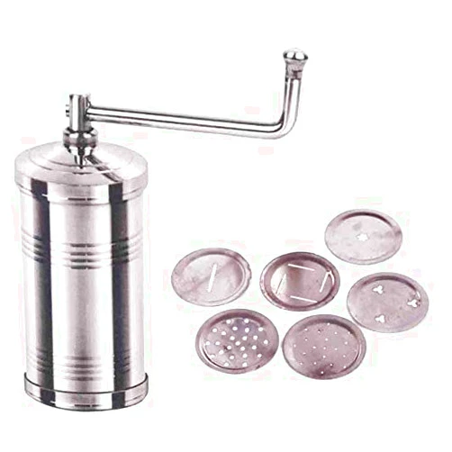 Tanish Trading Stainless Steel Sev Sanch Maker,Pasta Maker, Stainless Steel Namkeen Bhujiya Sevaiya Sev Chakli Gathiya Sancha Murukku Grater Cookies Maker with 6 Jalis (silver)