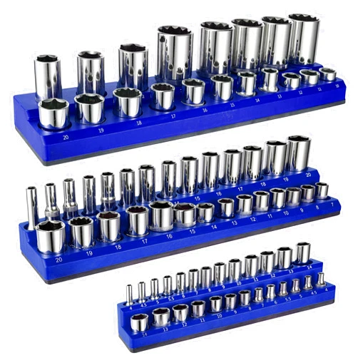 ALOANES 73-Slot Magnetic Socket Organizer, 3PC Socket Holder Kit, 1/2-inch, 3/8-inch, 1/4-inch Drive Socket Tray Holders,for Standard and Deep Metric Sockets, Heavy Duty Tools Organizer(Blue)