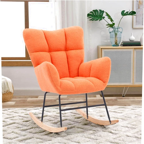 Koruiten Nursery Rocking Glider Chair Nursing Armchair Rocker Rocking Accent Chair for Mom, Teddy Upholstered Rocker Glider Chair with High Backrest for Bedroom Living Room (Light Orange)