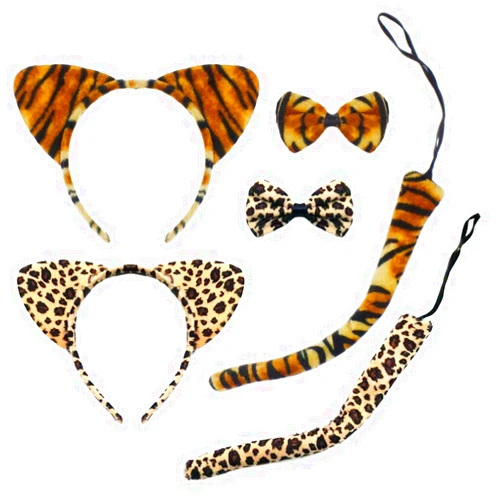 CBLUO Halloween Cat Ears Headband Kitty Bow Tie Tail Women Cat Hair Hoops Kitten Headpiece Hairband Christmas Birthday Party Decoration Cosplay Costume Hair Accessories 2 Pack Leopard Print + Tiger
