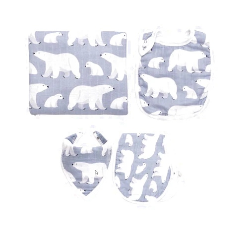 ZandH Global 4pc Polar Bear Muslin Swaddle Blanket, Bibs, and Burp Cloth Set for Baby Boys and Baby Girls - Soft, Breathable, and Multi-Purpose Receiving Blanket. Baby Essentials.