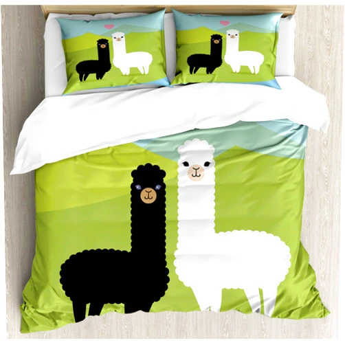 Ambesonne Llama Duvet Cover Set, Alpacas in Love at The Mountains Argentina Fauna Animals Contrasting Colors, Decorative 3 Piece Bedding Set with 2 Pillow Shams, King Size, Green Blue