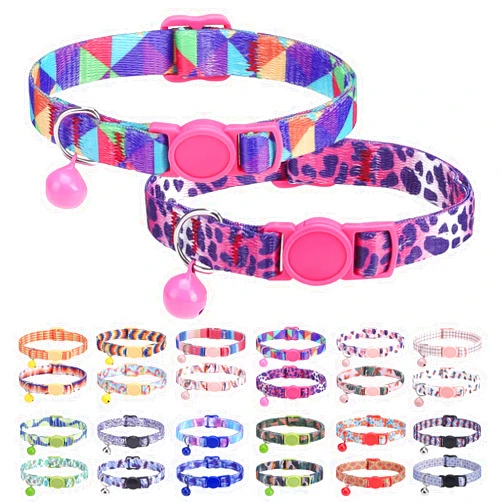 DILLYBUD Breakaway Cat Collars for Girl Boy Cats, Fall Winter All Weather Cat Collar Personalized Pattern 2 Pack,Cute Classic Safety Buckles and Bells,Adjustable Printed Nylon Colorful Kitten Collar