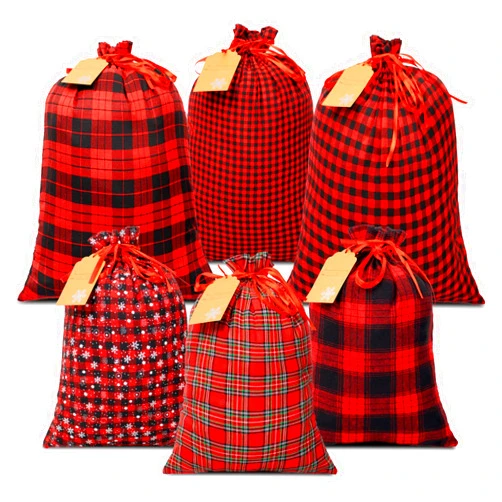 OuMuaMua Fabric Christmas Gift Bags with Drawstring - 6 Pack Cloth Buffalo Plaid Bag with Kraft Gift Tags for Christmas Holiday Present Gift Wrapping
