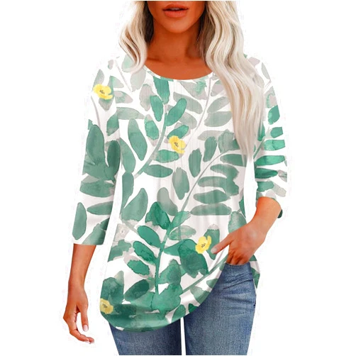 ZSJEBKDO Women Summer 3/4 Sleeve T-Shirt Pleated Chic Floral Print Shirt Crew Neck Oversize Causal Tops Fashion Versatile Top