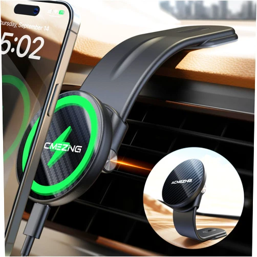 ACMEZING 15W for iPhone MagSafe Car Mount Charger, 360% Adjustable Aluminum Alloy Arm, Relocatable Car Phone Holder, Magnetic Wireless Fast Charging, Cell Phone Holder for All Car Models, Carbon Fiber