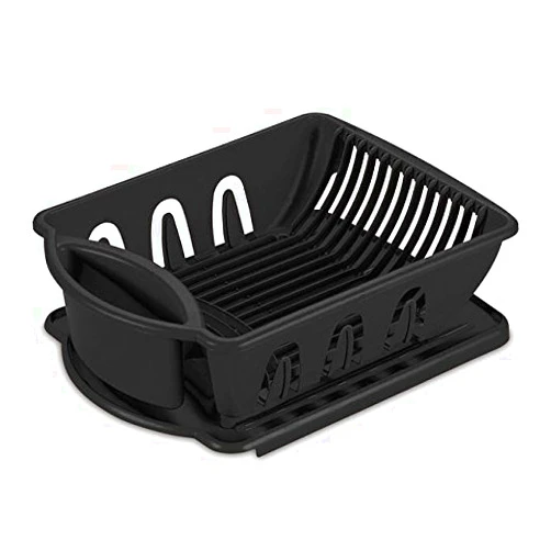 Tribello Sink Dish Drying Rack, Heavy Duty Hard Plastic Drying Rack, Dish Drainer for Kitchen Counter with Drainboard Set, with Silverware Holder - 18 x 13 x 6 (Black) - Made in USA