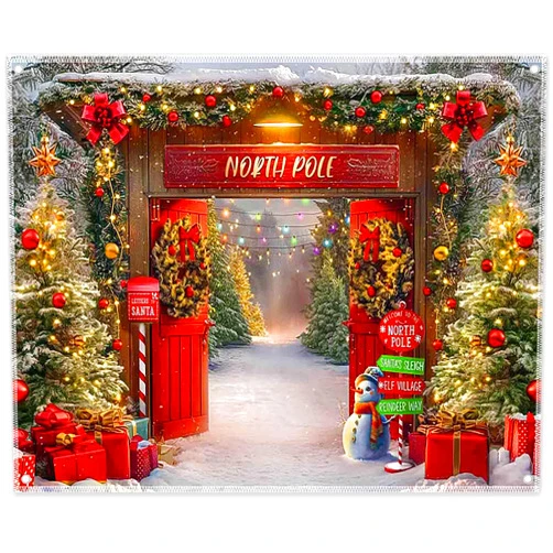 YCUCUEI 10x8ft Fabric Christmas Backdrop Winter Forest Wooden Barn Door North Pole Snowy Xmas Tree Photography Background Family Holiday Party Decor Photo Props
