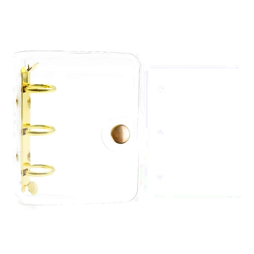MEI YI TIAN 1PC Gold Mini Binder Cover for 3 Ring PVC Loose-Leaf Binder with 80pcs Mini Inner Paper Pockets Clear Soft Notebook Round Ring Binder Protector Snap Buttoon