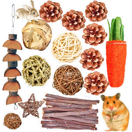 QHZHANG Hamster Chew Toys，24PCS Combined Chew Toys Molar Sticks Sweet Bamboo Apple Branch Molar Toy for Rabbits Pets Chinchilla Squirrel Gerbil Hamster Squirrel Guinea
