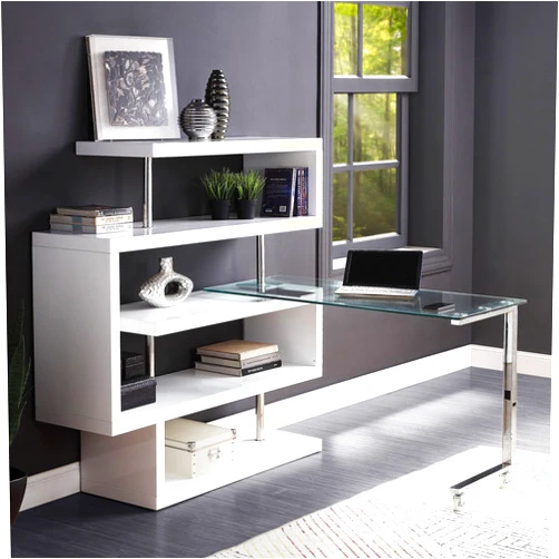 Fulocseny L Shaped Computer Desk Gaming Desk, Rotating Corner Office Desk, Modern Large Writing Study Table Workstation with Storage Shelves Bookshelf and Glass Tabletop, 55