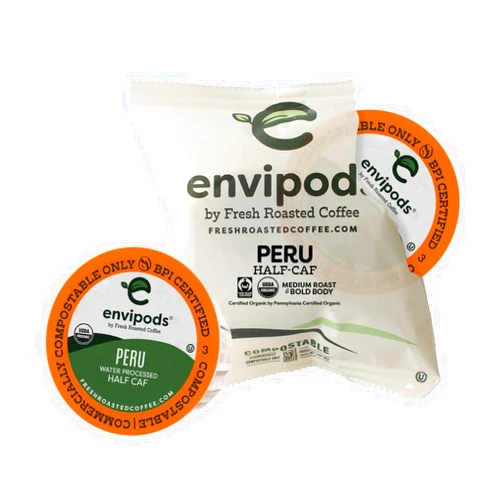 Fresh Roasted Coffee, Organic Peruvian Swiss Water Half-Caf envipods, Fair Trade Kosher, Medium Roast, 36 Count, Individually Wrapped, Compatible With 1.0 & 2.0 K Cup Brewers