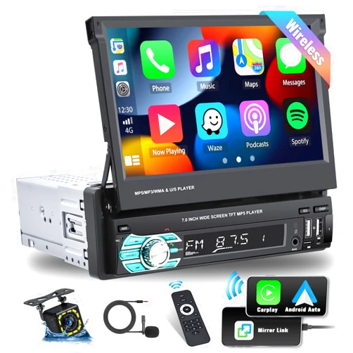 UNITOPSCI Single Din 7 Inch Flip Out Touch Screen Car Stereo Wireless Apple Carplay & Android Auto Bluetooth Car Radio FM Mirror Link MP5 Player Dual USB AUX TF Card Input + Backup Camera Mic