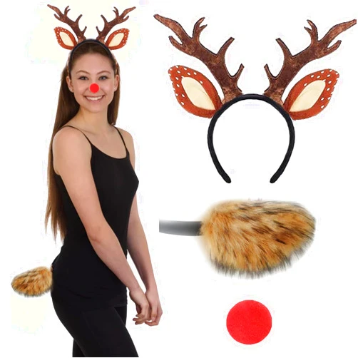 Glynisyz Christmas Deer Costume Accessories Reindeer Antlers Headband with Fawn Tail for Girls Women Halloween Dress Up Cosplay Party