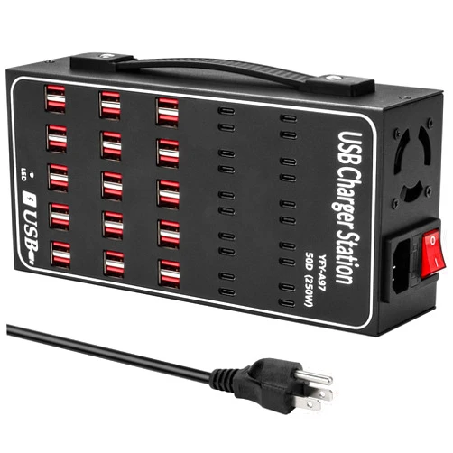 RUANSZZ Multiple USB Charging Station, RUANSZZ 50 Port 250 Watt (50A) USB~C Charger Block with Power Switch, Multiple USB Desktop Charger Station, Suitable for Shops, Hotels, Schools, Shopping malls