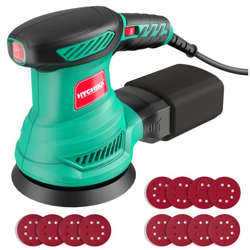 HYCHIKA BETTER TOOLS FOR BETTER LIFE 5-Inch Random Orbital Sander, HYCHIKA 13000RPM Electric Orbital Sander with 6 Various Speeds, Palm Sander with 12 Pcs Sandpapers, 1 Pcs Dust Bag, Fit for Woodworking/Sanding